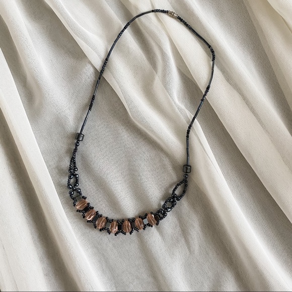 Vintage Clear Pink Gunmetal Grey Beaded Necklace - Picture 2 of 5
